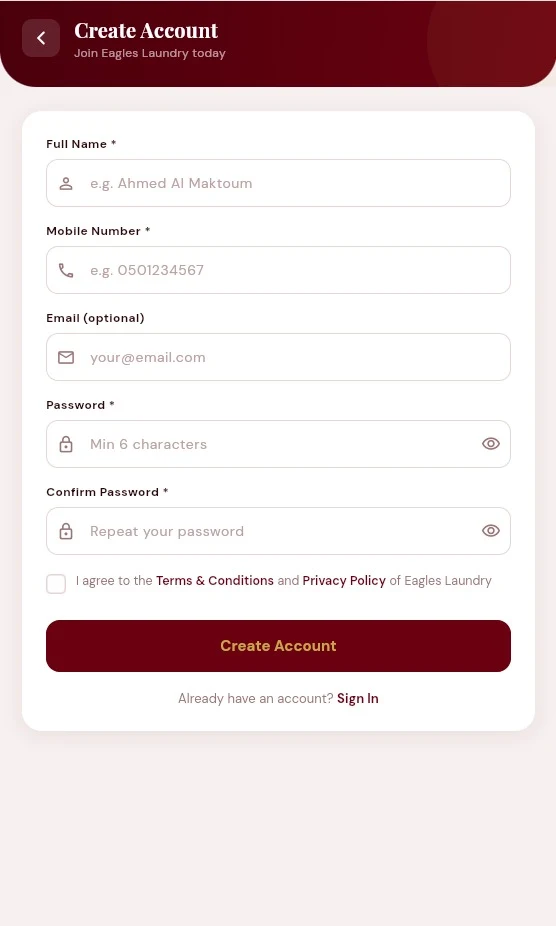 EAGLES Laundry App Register Screen