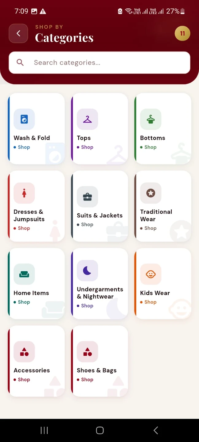 EAGLES Laundry App Categories Screen